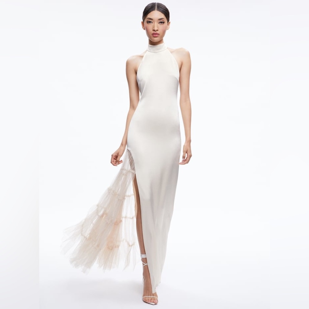 Alice + Olivia Ryn Ivory Open Back Tulle Slit Maxi Gown - Picture 1 of 8